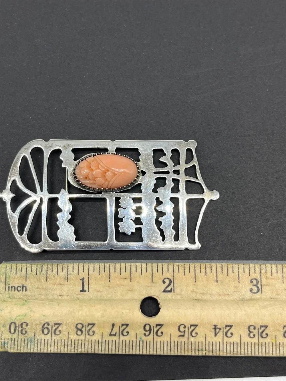Vintage art nouveau sterling silver brooch with floral carving